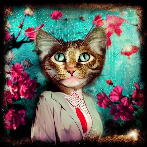 Image similar to the kitsch meow. surreal whimsical retro photograph.