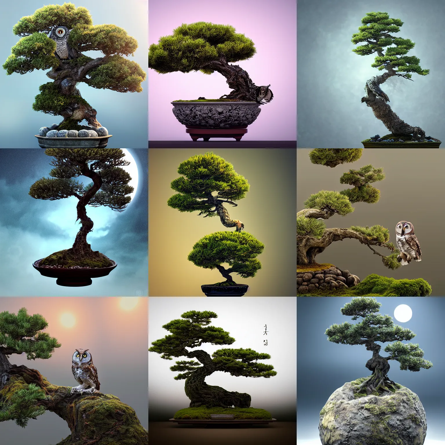 Prompt: owl perched on a bonsai tree, intricate detail, volumetric lighting, epic composition, hyper detailed, ultra realistic, sharp focus, octane render, volumetric, ray tracing, sense of awe, swirling mist, blue moon