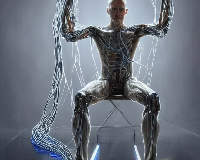 Image similar to a hyperrealistic painting of a human cyborg sitting in a chair with limbs stretched out, tied with electrical cables connected to supercomputers, flood of images flowing from his head, tesseract, vitruvian man, by daniel gerhartz, trending on artstation, concept art, insane details, zoomed out