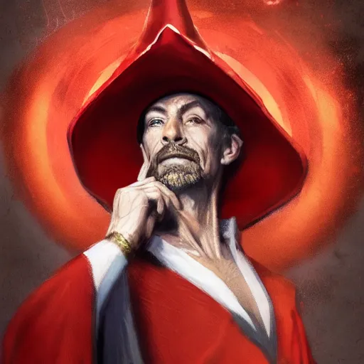 Prompt: portrait of rincewind wearing bright red wizard robe and hat by greg rutkowski and raymond swanland