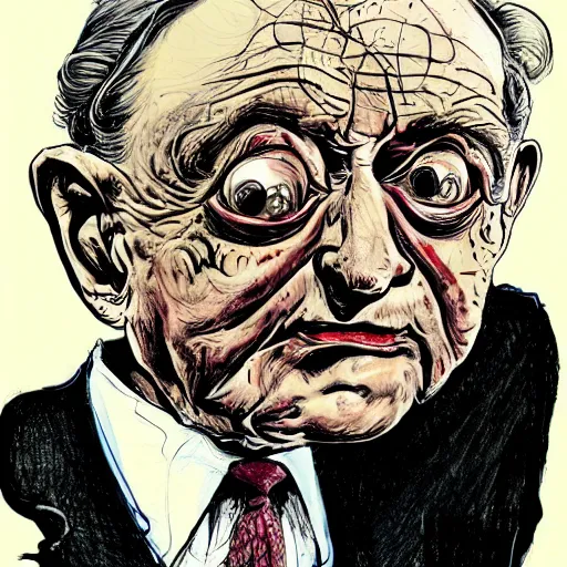 Image similar to George Soros by Ralph Steadman, illustration, body horror, biopunk