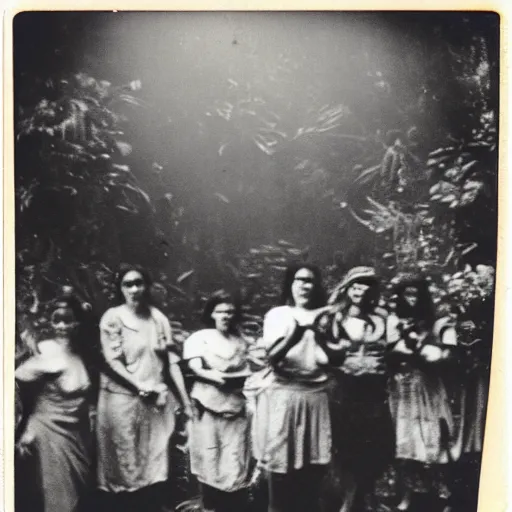 Image similar to a group of people in a witchcraft ritual on an abandoned mad house in the Colombian jungle, mist, 1910 polaroid photography, grainy film, resident evil, Black and white