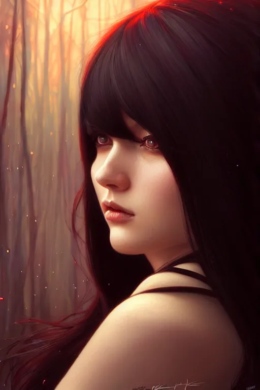 Image similar to a beautiful girl with long black hair and bangs, red eyes, fantasy, portrait, sharp focus, intricate, elegant, digital painting, artstation, matte, highly detailed, concept art, illustration, ambient lighting, art by ilya kuvshinov, artgerm, Alphonse mucha, and Greg Rutkowski