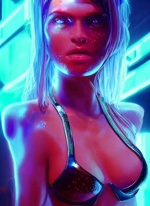 Prompt: a sensual caucasian female humanoid with freckles, cyber neon lighting, futurism, intricate futuristic jewelry accessories, cyberpunk latex swimsuit, profile posing, hyper photorealistic, crispy quality, digital photography, trending in artstation, trending in pinterest, cinematic, 4 k ultra hd, art by pascal blanche, art by greg rutkowski,