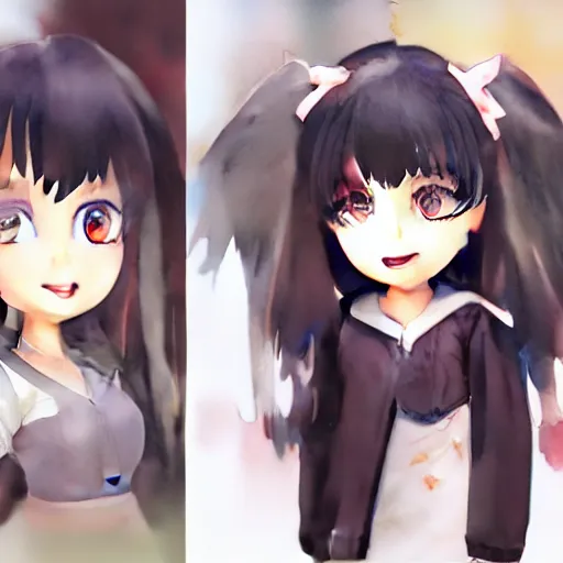 Image similar to collage of, portrait watercolor painting of nendoroid eyes kawaii chibi with black hair and hime cut by krenz cushart ilya kuvshinov pixiv key visual manga cover, artstation