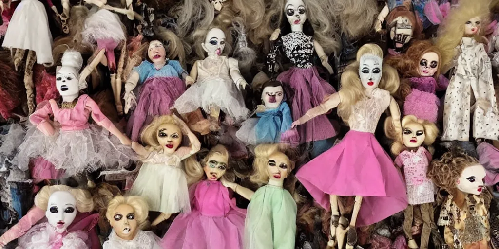 Prompt: drag queen ceramic doll collection in creepy attic