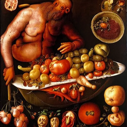 Image similar to a chef sitting in a bathtub full of tomato sauce, dinner is served, by giuseppe arcimboldo and ambrosius benson, renaissance, fruit, intricate and intense oil paint, realistic