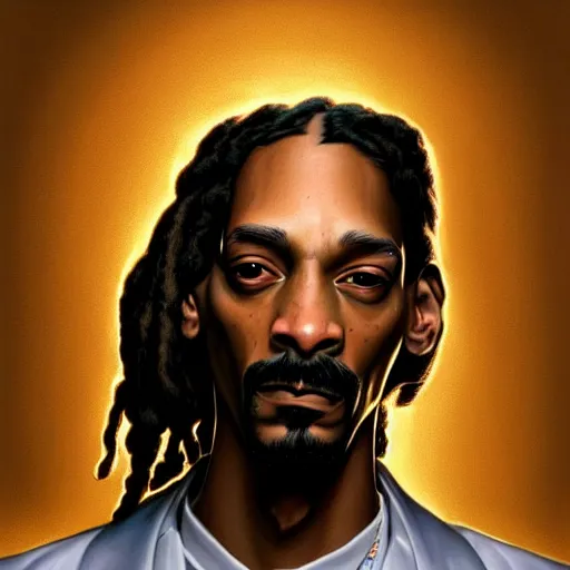 Image similar to intense portrait of the snoop dog, intricate, elegant, highly detailed, my rendition, digital painting, artstation, concept art, smooth, sharp focus, radiant light, illustration, art by artgerm and greg rutkowski and alphonse mucha