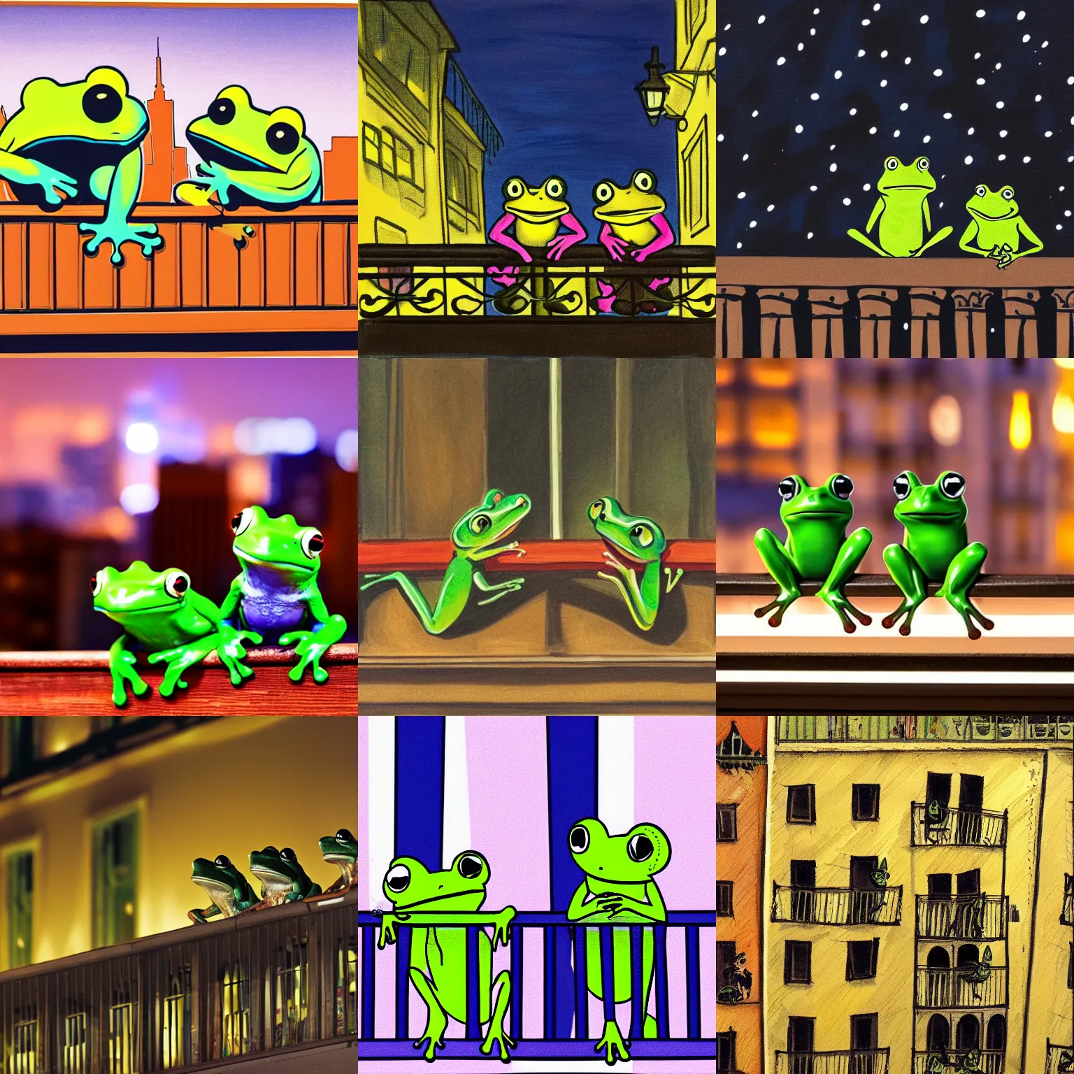 Prompt: two frogs sitting on a balcony at night in a city