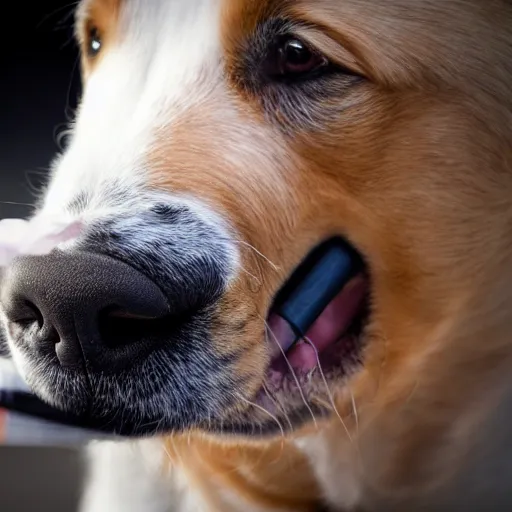 Prompt: a photograph of a dog with a cigarette in its mouth, low depth of field