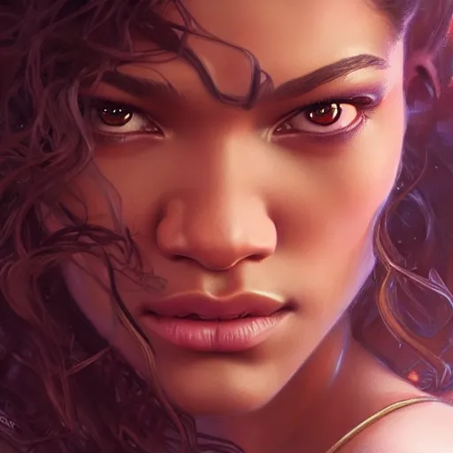 Image similar to beautiful zendaya, closeup, D&D, fantasy, intricate, elegant, highly detailed, digital painting, artstation, concept art, matte, sharp focus, illustration, art by Artgerm and Greg Rutkowski and Alphonse Mucha