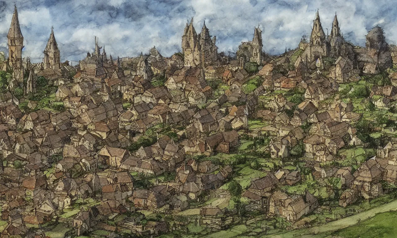 Image similar to medieval small town with some farms and trees, high detailed color sketch by John Howe and Alan Lee, award-winning masterpiece