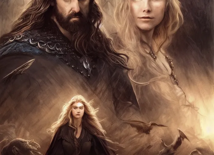 Image similar to a dramatic highly detailed render of the family of Eowyn and Thorin Oakenshield, Middle-earth , by WLOP and Artgerm and Greg Rutkowski and Alphonse Mucha, Beautiful dynamic dramatic dark moody lighting, shadows, cinematic atmosphere, Artstation, Octane render, 8K, masterpiece, sharp focus, hyperrealistic, photograph