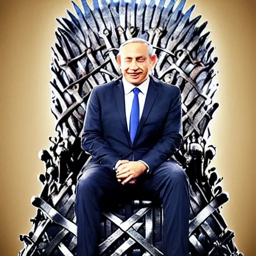 Image similar to “Benjamin Netanyahu sitting on the iron throne, 4k, award winning, Digital art, scene from game of thrones”