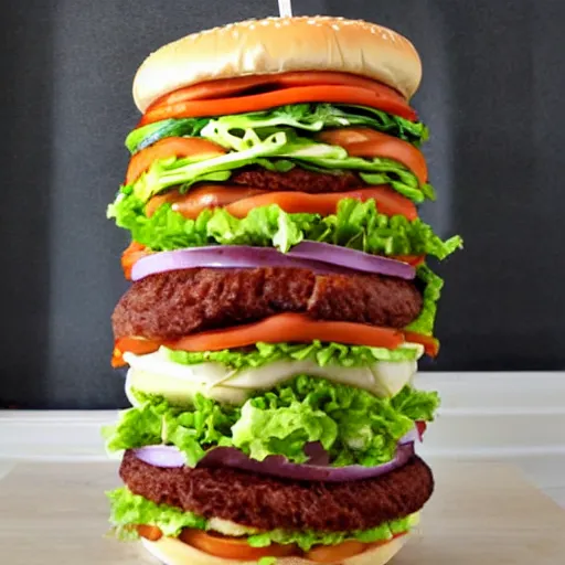 Image similar to enormously tall Dagwood-style Big Mac sandwich