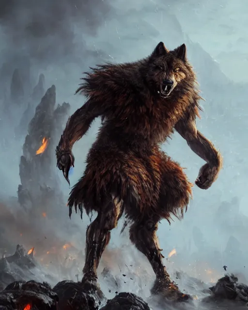 Image similar to oil painting of Angry Anthropomorphized Wolf Berserker, wearing fur armor, claws, sharp focus, attack pose, fantasy style, octane render, volumetric lighting, 8k high definition, by greg rutkowski, highly detailed, trending on art Station, magic the gathering artwork, burning Battlefield background, centered