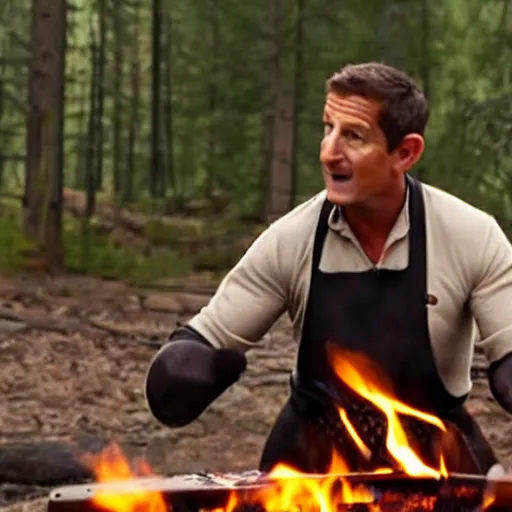 Image similar to film still of bear grylls in a bear costume cooking a grill