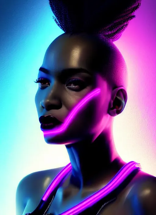 Image similar to photorealistic portrait of black american female humanoid, cyber neon lights, highly detailed, cyberpunk high fashion, elegant, crispy quality, trending in artstation, trending in pinterest, glamor pose, no signature, no watermark, cinematic, octane render, cute face, art by artgerm and greg rutkowski and pascal blanche