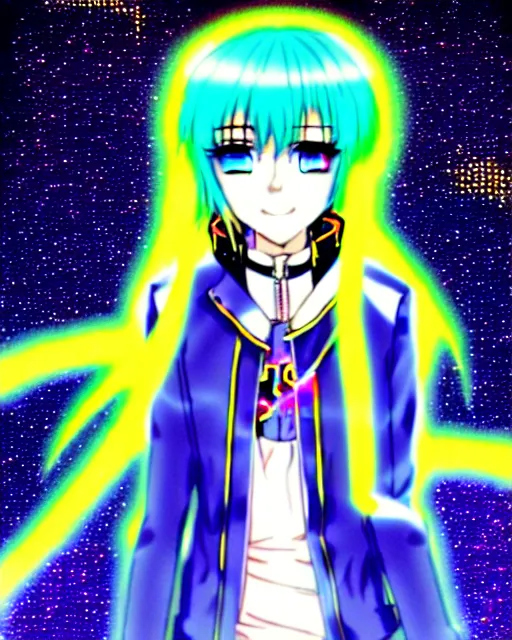 Prompt: a hologram of rimuru tempest, sky blue hair, golden yellow eyes, wearing black stylish clothing, holography, irridescent, baroque visual kei decora art