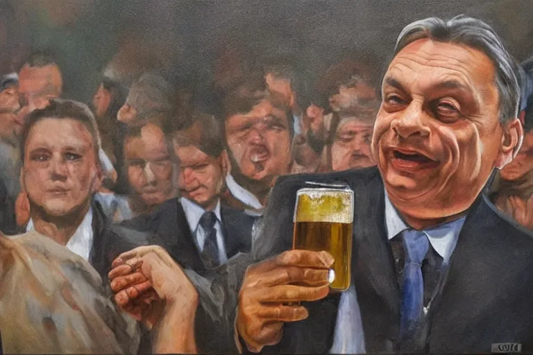 Image similar to viktor orban drinking beer and cheering at the apocalyse, highly detailed eyes, oil on canvas