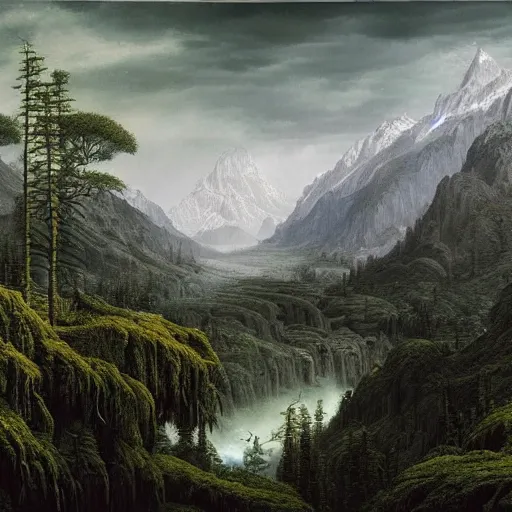 Image similar to a beautiful and highly detailed matte painting of the most epic lush mountains ever, fir trees, intricate details, epic scale, insanely complex, 8 k, sharp focus, hyperrealism, very realistic, by caspar friedrich, greg rutowski, james gurney, zeen chin,