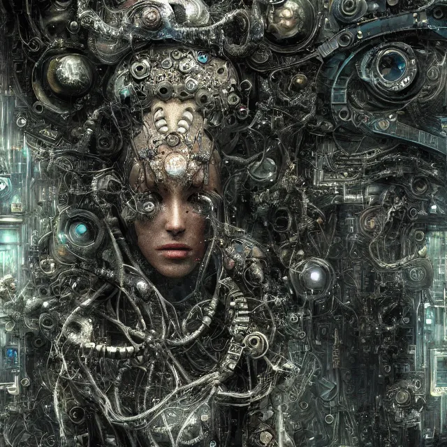 Image similar to timeless cybernetic deity with circuitry skin and networked mind tripping on acid, intricate detail, royo, whealan, giger, klimt, hd, octane render, unreal engine,