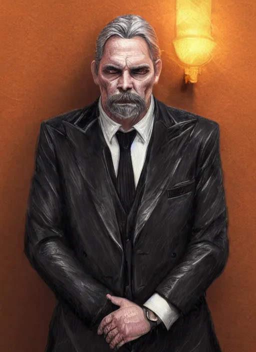 Prompt: a highly detailed illustration of 6 7 year - old clean - shaven chubby white man wearing black detective coat with necktie, heroic pose, strings background, intricate, elegant, highly detailed, centered, digital painting, artstation, concept art, smooth, sharp focus, league of legends concept art, wlop.