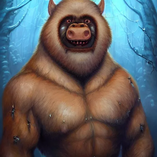 Prompt: Manbearpig is half man half bear half pig I'm super cereal beautiful stunning portrait by tony sart