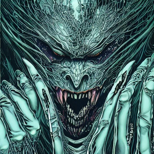 Image similar to closeup of face melting, vampire, by yoichi hatakenaka, masamune shirow, josan gonzales and dan mumford, ayami kojima, takato yamamoto, barclay shaw