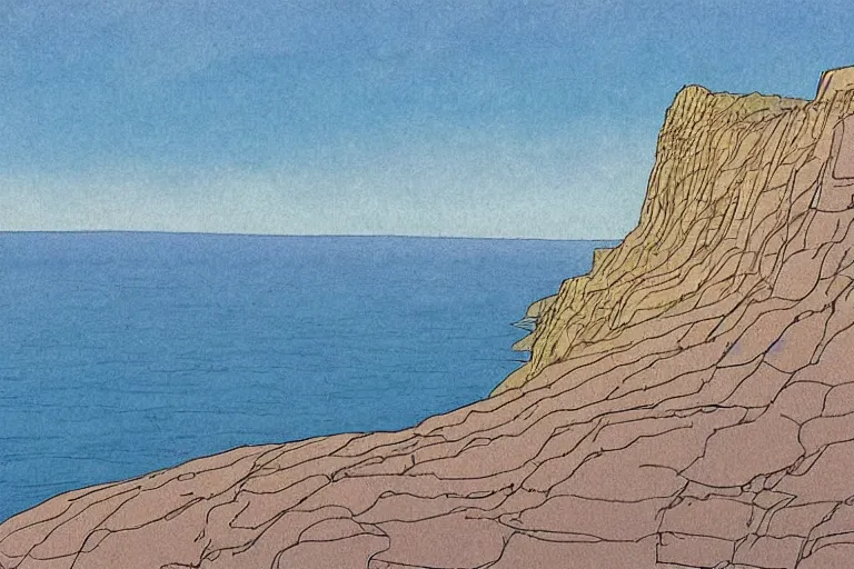 Prompt: seaside cliffs in the style of Moebius