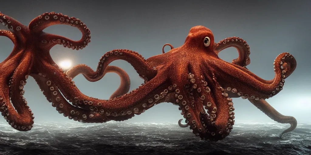 Prompt: only one octopus in ocean, superwide angle, light through the mist, dramatic lighting, photorealistic, cinematic lighting, high detail, cinematic feel, high octane, 4 k, unreal engine, digital render, intricate, ultra realistic, concept art, one octopus