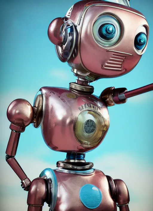 Image similar to highly detailed closeup, face profile portrait of a retro 1 9 5 0 s tin toy robot spacegirl wearing a bikini, unreal engine, nicoletta ceccoli, mark ryden, earl norem, lostfish, global illumination, detailed and intricate environment