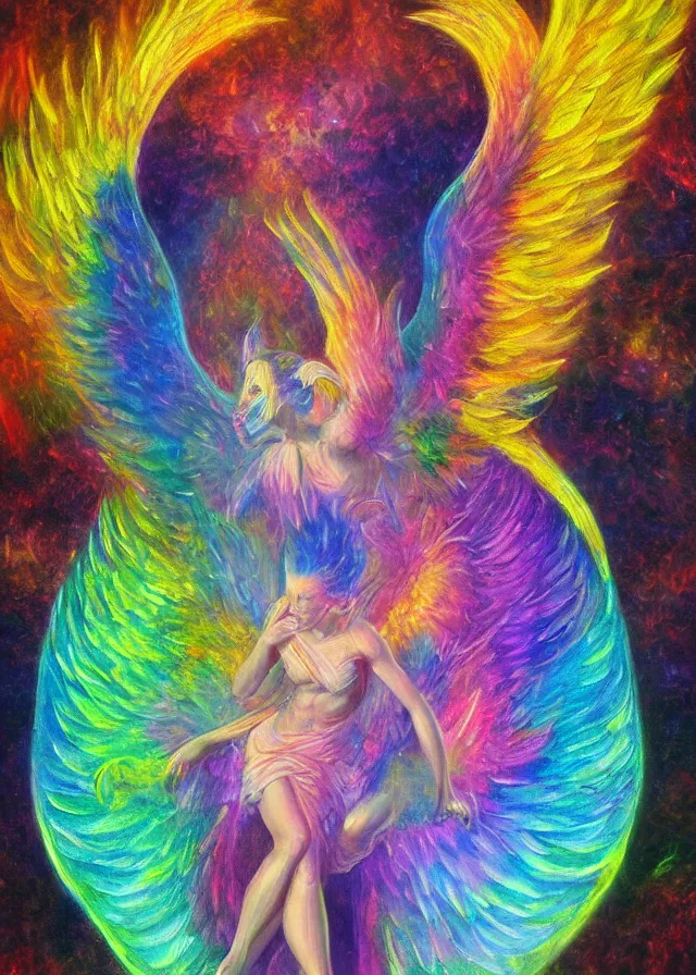 Image similar to Lucifer of the lunar mythos mercurial oil painting angel mist, award winning oil painting, chromatic aberration polychromatic color palette