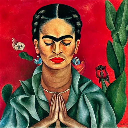 Image similar to Angel crying on top of a red cube made out of water, tears falling from eyes, oil painting by Frida Kahlo