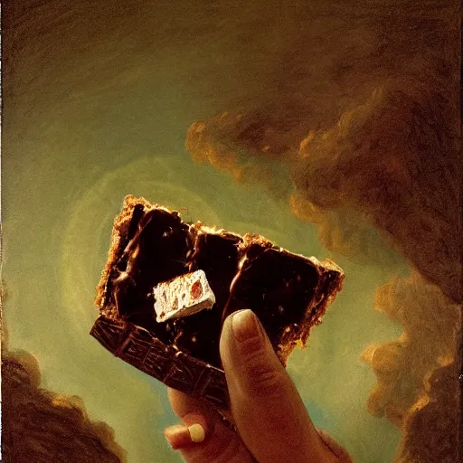 Image similar to saturn devouring a snickers chocolate bar, goya painting, in the style of goya and greg rutkowski, in the style of black paintings, 8 k, highly realistic