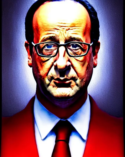 Image similar to hyperrealistic mixed media painting of François Hollande as Superlan, marvel, heroic pose, stunning 3d render inspired art by P. Craig Russell and Barry Windsor-Smith + perfect facial symmetry + dim volumetric lighting, 8k octane beautifully detailed render, post-processing, extremely hyperdetailed, intricate, epic composition, grim yet sparkling atmosphere, cinematic lighting + masterpiece, trending on artstation, very very detailed, masterpiece, stunning