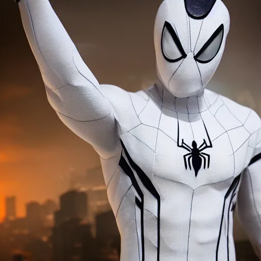 Image similar to white spider - man suit with black web lining, cinematic, volumetric lighting, realistic, hyperdetailed, photorealistic, photograph