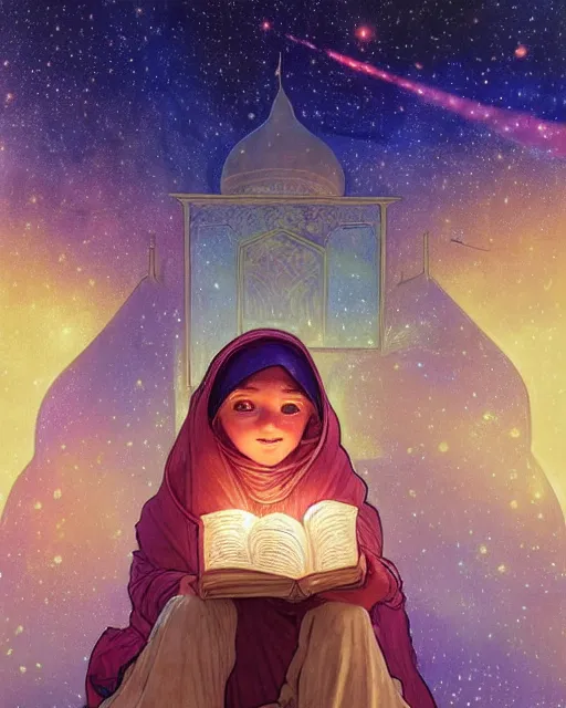 Image similar to bedouin child reading the quran inside of the mosque in the galaxy surrounded by nebula, highly detailed, gold filigree, romantic storybook fantasy, soft cinematic lighting, award, disney concept art watercolor illustration by mandy jurgens and alphonse mucha and alena aenami, pastel color palette, featured on artstation