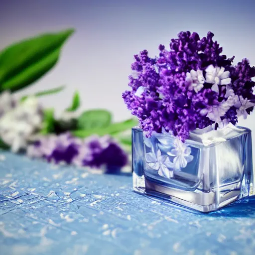 Image similar to perfume bottle surrounded by artistic, luscious blurred blue and lilac flowers, white background, simple path traced, environment, up close shot