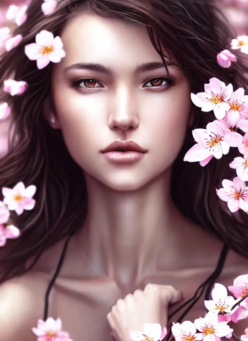 Image similar to photo of a gorgeous female with messy hair in the style of stefan kostic, realistic, body shot, sharp focus, 8 k high definition, insanely detailed, intricate, elegant, art by stanley lau and artgerm, cherry blossoms