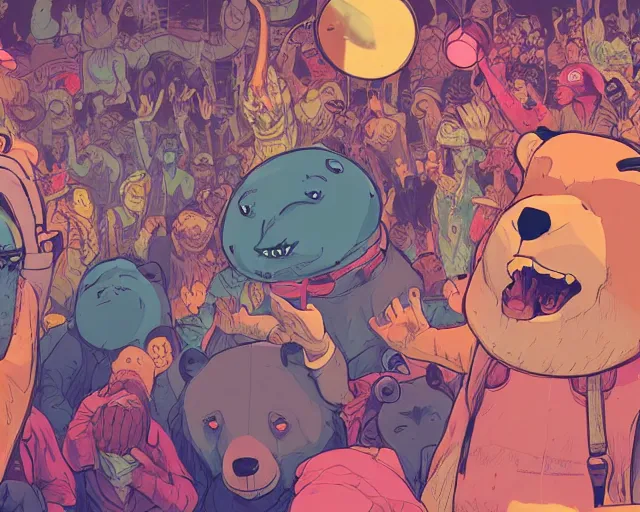Prompt: a study of cell shaded cartoon of bears raving in a nightclub, illustration, wide shot, subtle colors, post grunge, concept art by josan gonzales and wlop, by james jean, Victo ngai, David Rubín, Mike Mignola, Laurie Greasley, highly detailed, sharp focus, alien, Trending on Artstation, HQ, deviantart, art by artgem