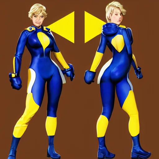 Image similar to character sheet of power girl wearing blue full bodysuit, yellow Jacket, blue backpack and yellow boots by Stanley Artgerm Lau, WLOP, Rossdraws, James Jean, Andrei Riabovitchev, Marc Simonetti, Yoshitaka Amano, ArtStation, CGSociety