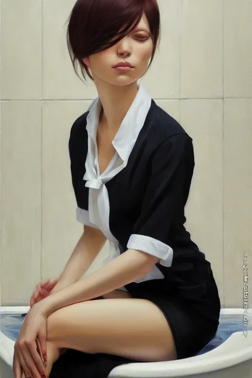 Image similar to a ultradetailed beautiful portrait panting of a stylish woman sitting in a bath, she is wearing a white shirt with a tie, oil painting, by ilya kuvshinov, greg rutkowski and makoto shinkai