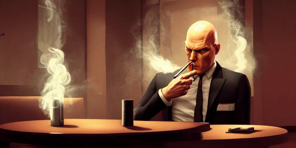 Prompt: concept art of Agent 47 smoking a spliff!! in the lobby of a hotel. epic wide angle shot, cinematic lighting photorealistic, 8k, award winning on Artstation, hyper detailed, hyper realistic.