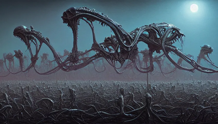 Prompt: rotting alien army, by dan mumford and zdzisław beksinski, fine details, digital art, volumetric lighting, cinematic light, photorealistic, by giger, 4 k,