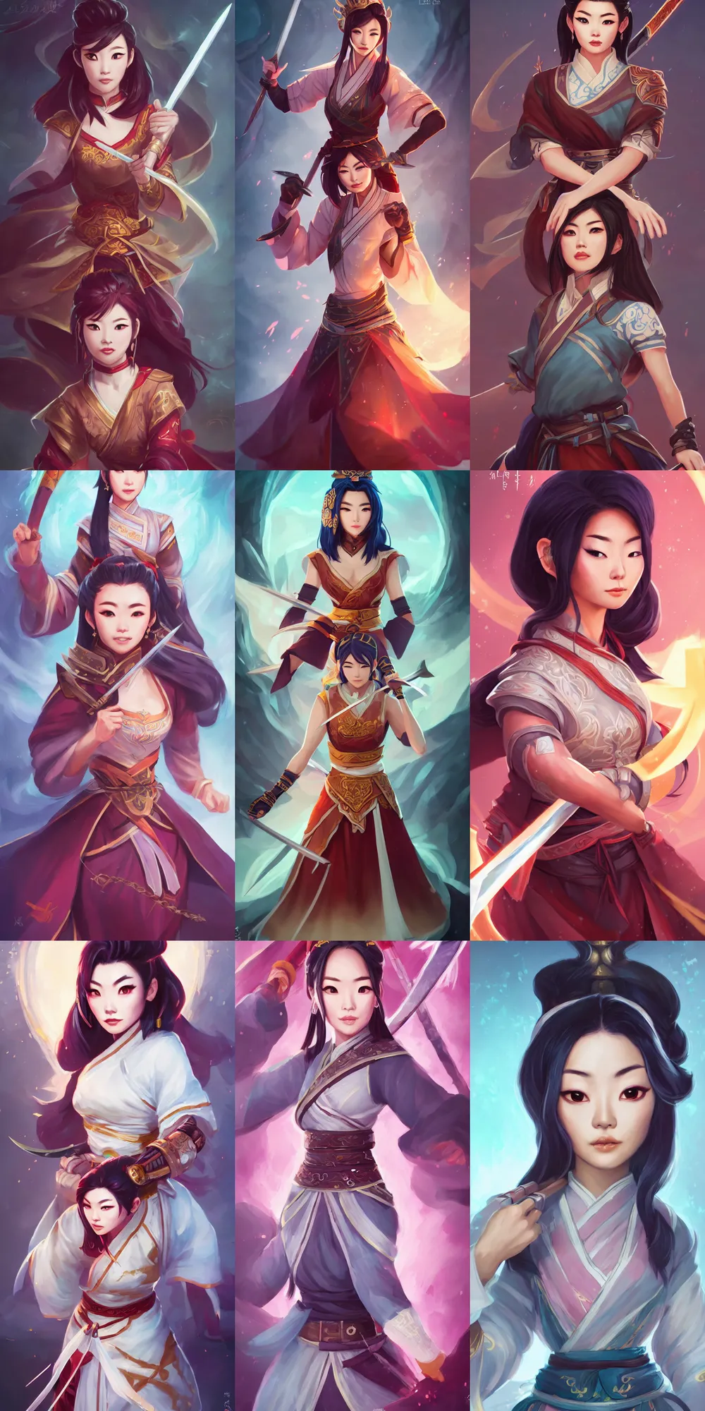 Prompt: a portrait of beautiful arden cho chef character with a radiant sword in her right hand in a fighting stance by ross tran and loish, sharp focus, detailed, cinematic, hanbok apron, 4 k, symmetrical face