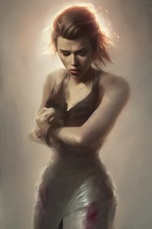 Image similar to a fancy portrait of a Scarlett Johansson full body by Greg Rutkowski, Sung Choi, Mitchell Mohrhauser, Maciej Kuciara, Johnson Ting, Maxim Verehin, Peter Konig, final fantasy , mythical, 8k photorealistic, cinematic lighting, HD, high details, atmospheric,