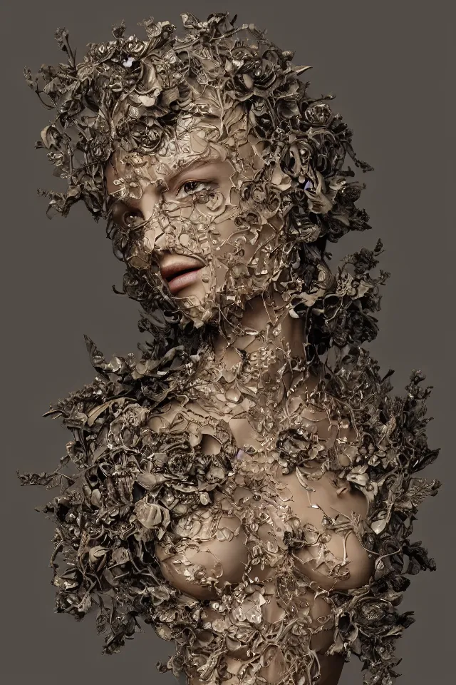 Prompt: a sculpture made of vine, bust, single portrait, lady, future, fashion, harper's bazaar, vogue, magazine, insanely detailed and intricate, concept art, ornate, luxury, elite, elegant, trending on artstation, by Ruan Jia, Kenneth Willardt, Ross Tran, WLOP, Andrei Riabovitchev.