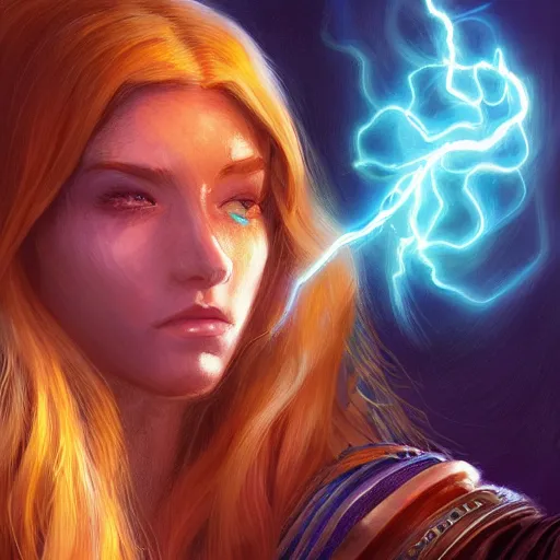 Prompt: a human wizard casting a spell, female, blonde and auburn two toned hair, crackling blue lightning, fantasy, d & d, intricate, elegant, highly detailed, digital painting, artstation, concept art, matte, sharp focus, illustration, in the style of magic the gathering