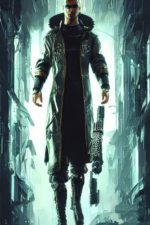 Image similar to a priest as a cyberpunk 2077 character, upper body, highly detailed, intricate, sharp details, dystopian mood, sci-fi character portrait by gaston bussiere, craig mullins, inspired by graphic novel cover art